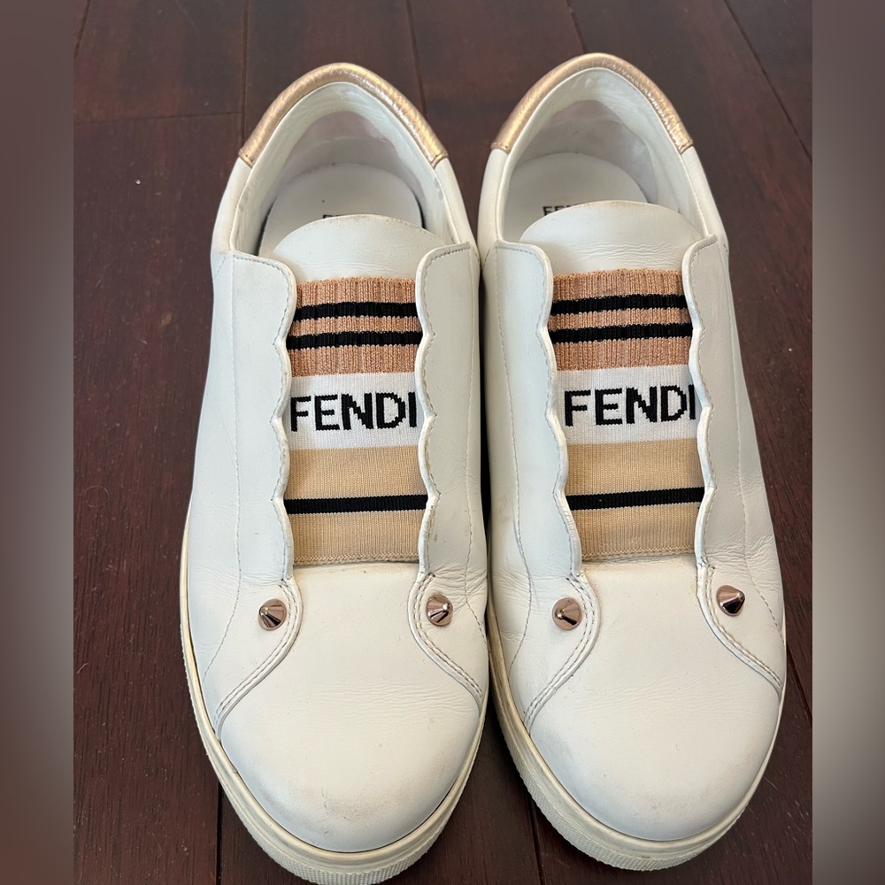 Fendi White Scalloped Leather Slip-on Sneakers